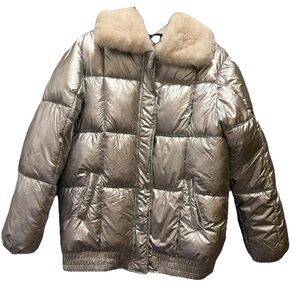 Forever 21 Metallic Women’s Puffer Jacket with Faux Fur Collar EUC